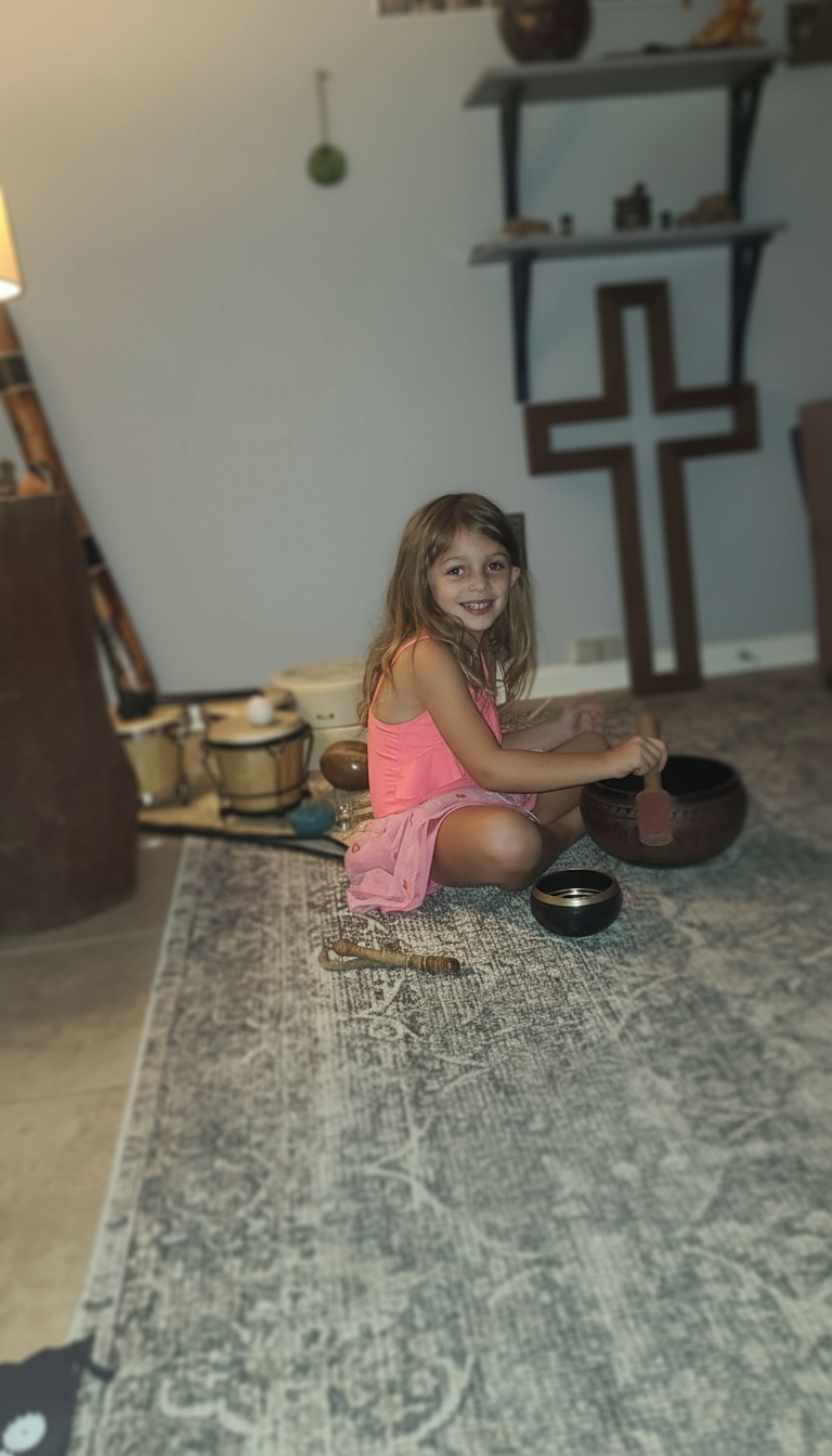 Avery with singing bowls