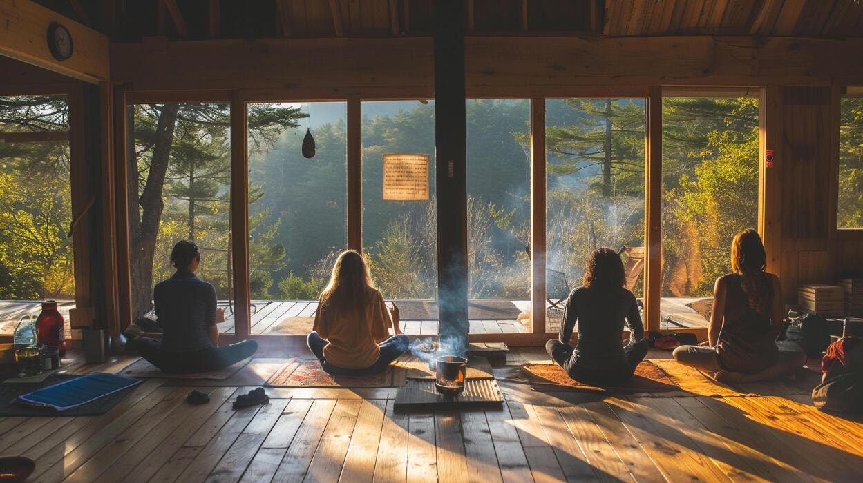 People meditating in a warm retreat space with forest views